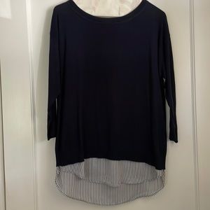 Navy lightweight sweater with navy and white built-in blouse